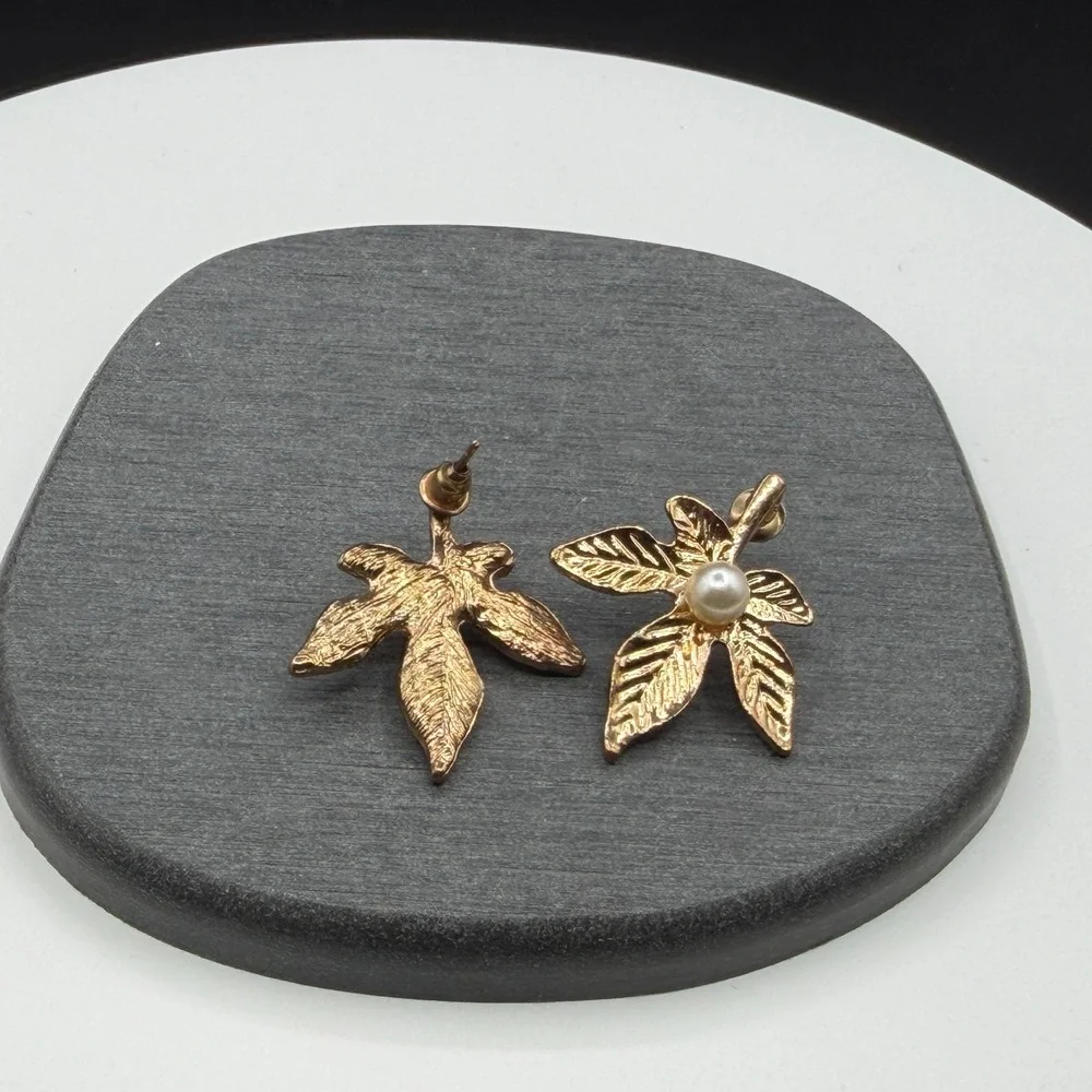 Gold Tone Pearl Leaf Drop Earrings Botanical Cottagecore Statement Jewelry Gift